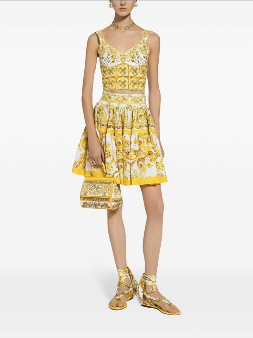 Dolce & Gabbana Yellow and White Majolica Print Cotton Corset Top